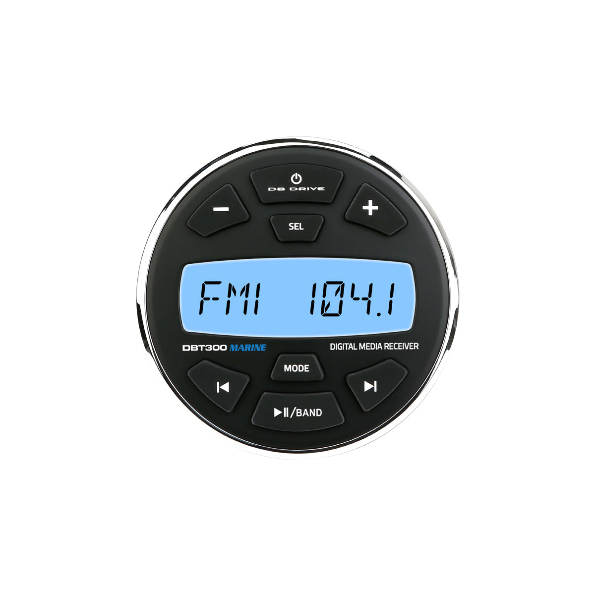 dB Drive DBT300: receptor marino circular, vista frontal con pantalla y controles