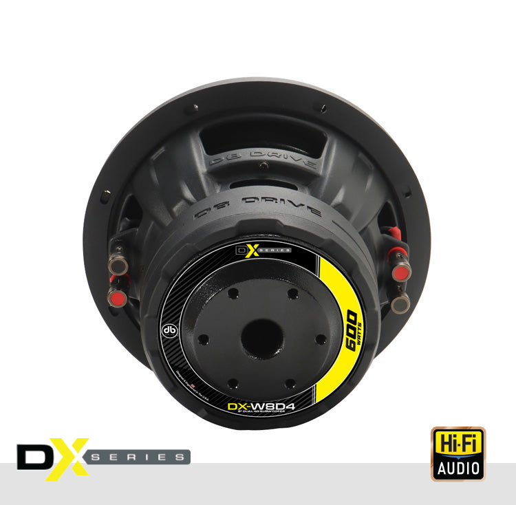 dB Drive DX-W8D4, vista posterior con identificación de doble bobina de 4 ohms
