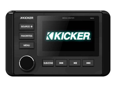 Kicker 46KMC4: vista frontal del receptor marino, pantalla a color y controles de zonas
