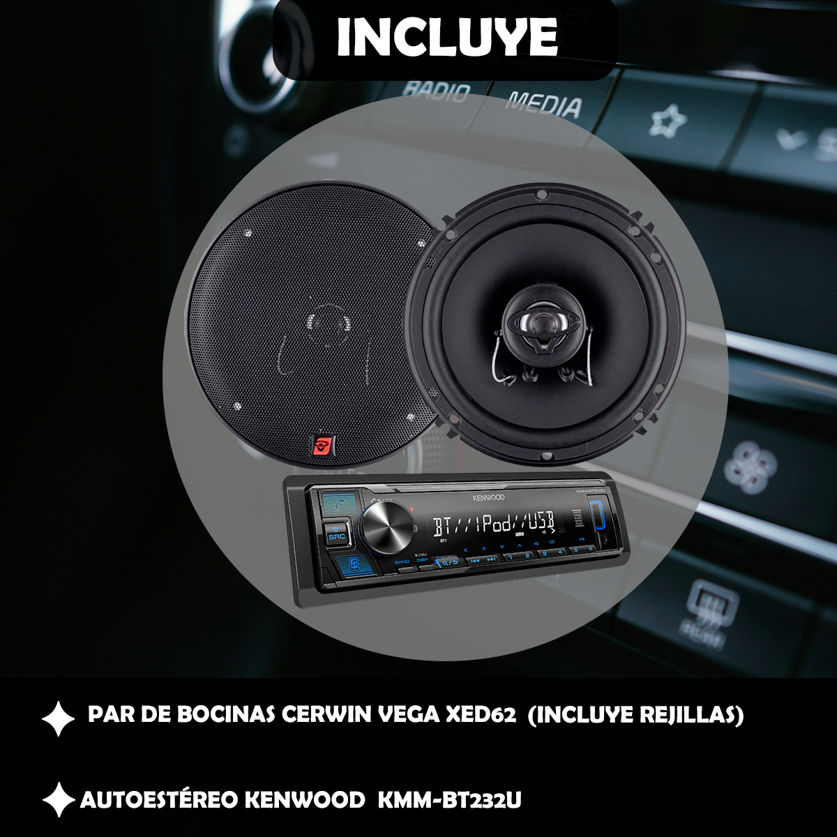 Pack autoestéreo Kenwood Kmm-bt232u + bocinas Cerwin Vega XED62