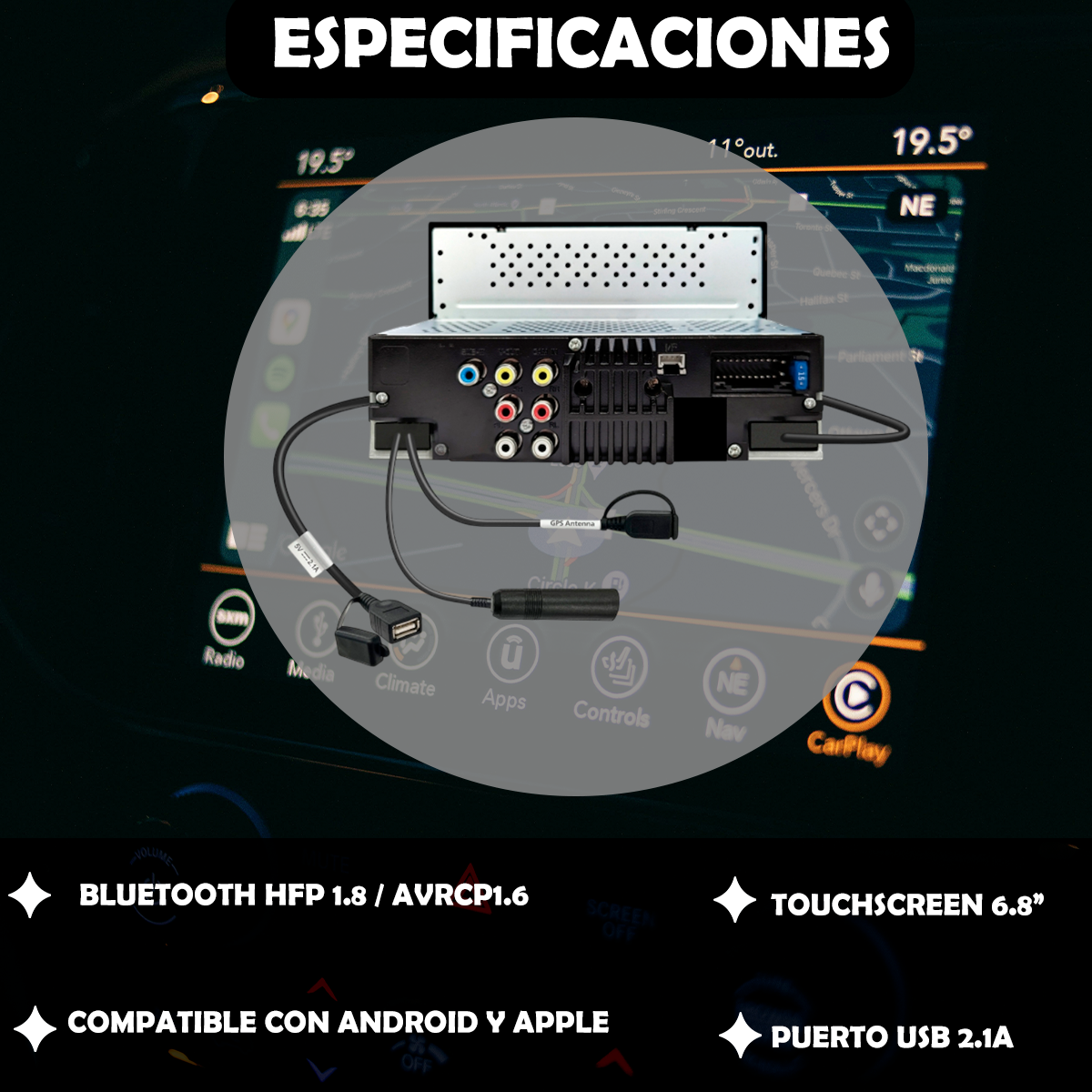 Receptor de medios digitales JVC Carplay touchscreen 6.8" KW-M590BT