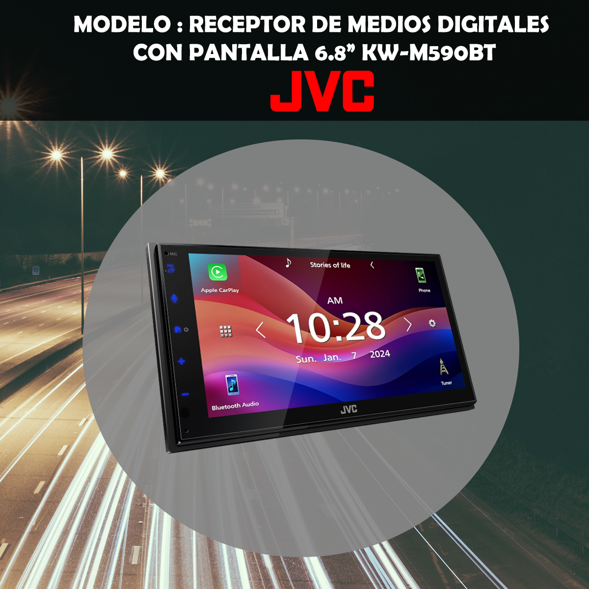Receptor de medios digitales JVC Carplay touchscreen 6.8" KW-M590BT